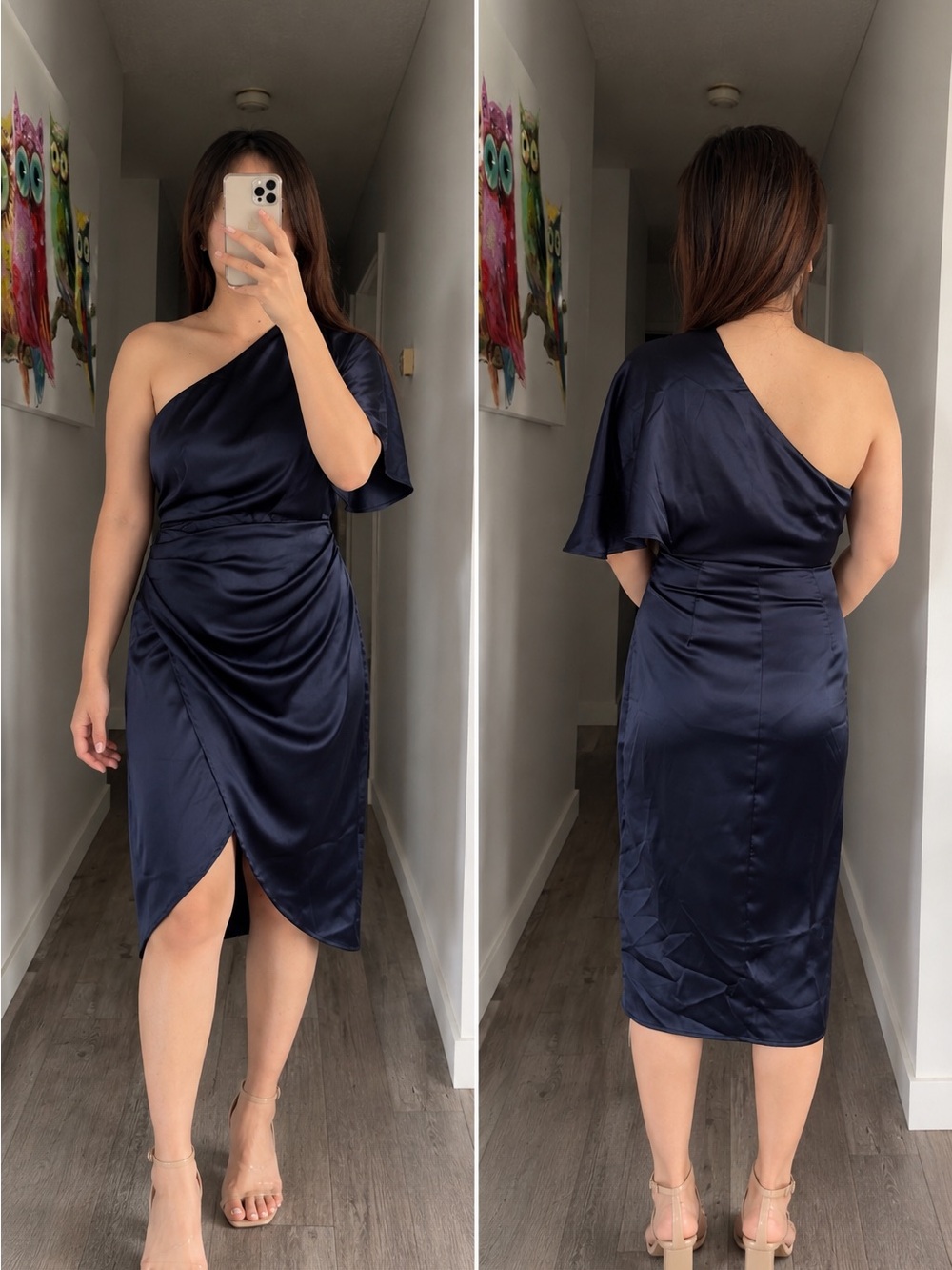 Cupshe Navy One-Shoulder Satin Ruched Midi Dress